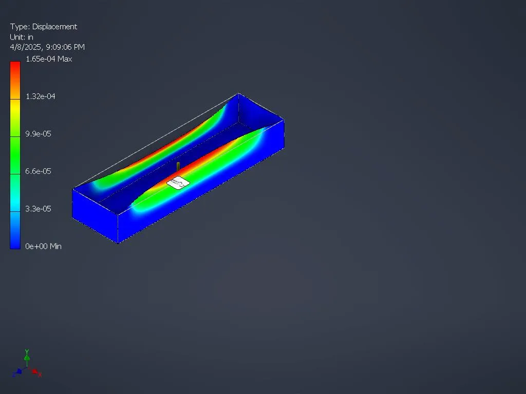 Autodesk Inventor FEA displacement simulation of the boat hull, showing stress concentrated along the side walls