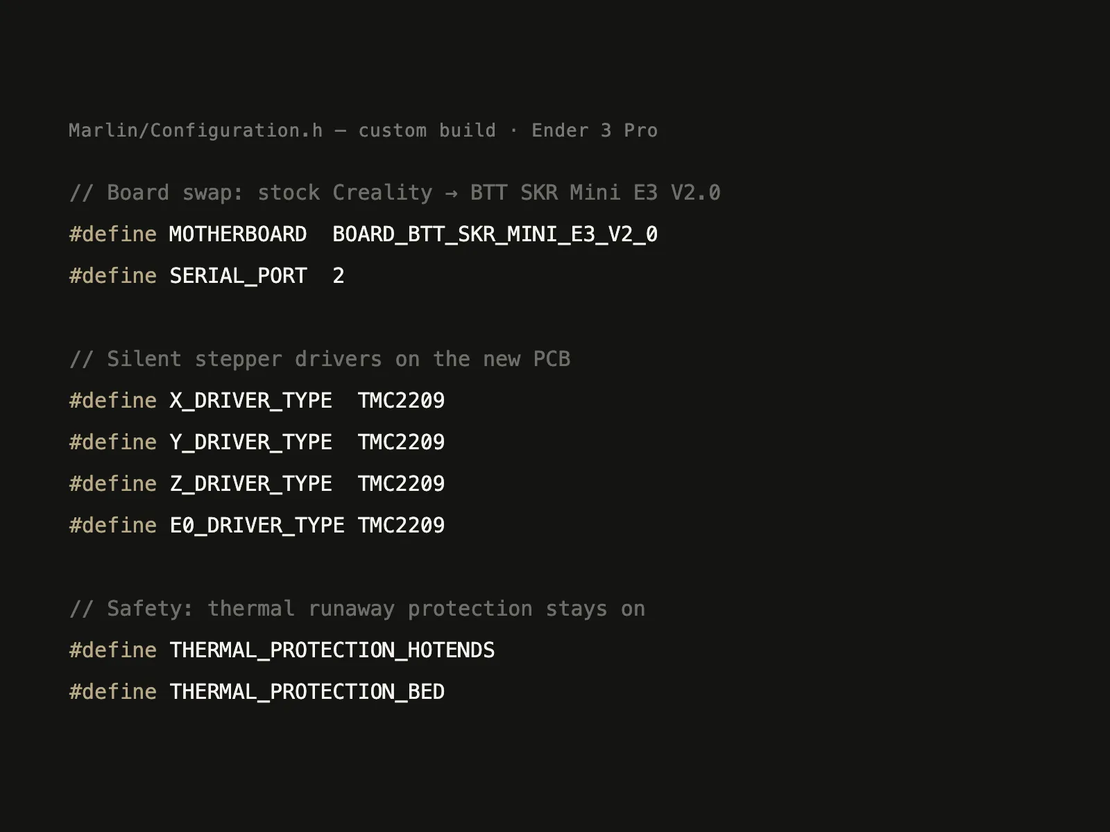 Excerpt of the custom Marlin Configuration.h showing the BTT SKR Mini E3 board and TMC2209 driver defines